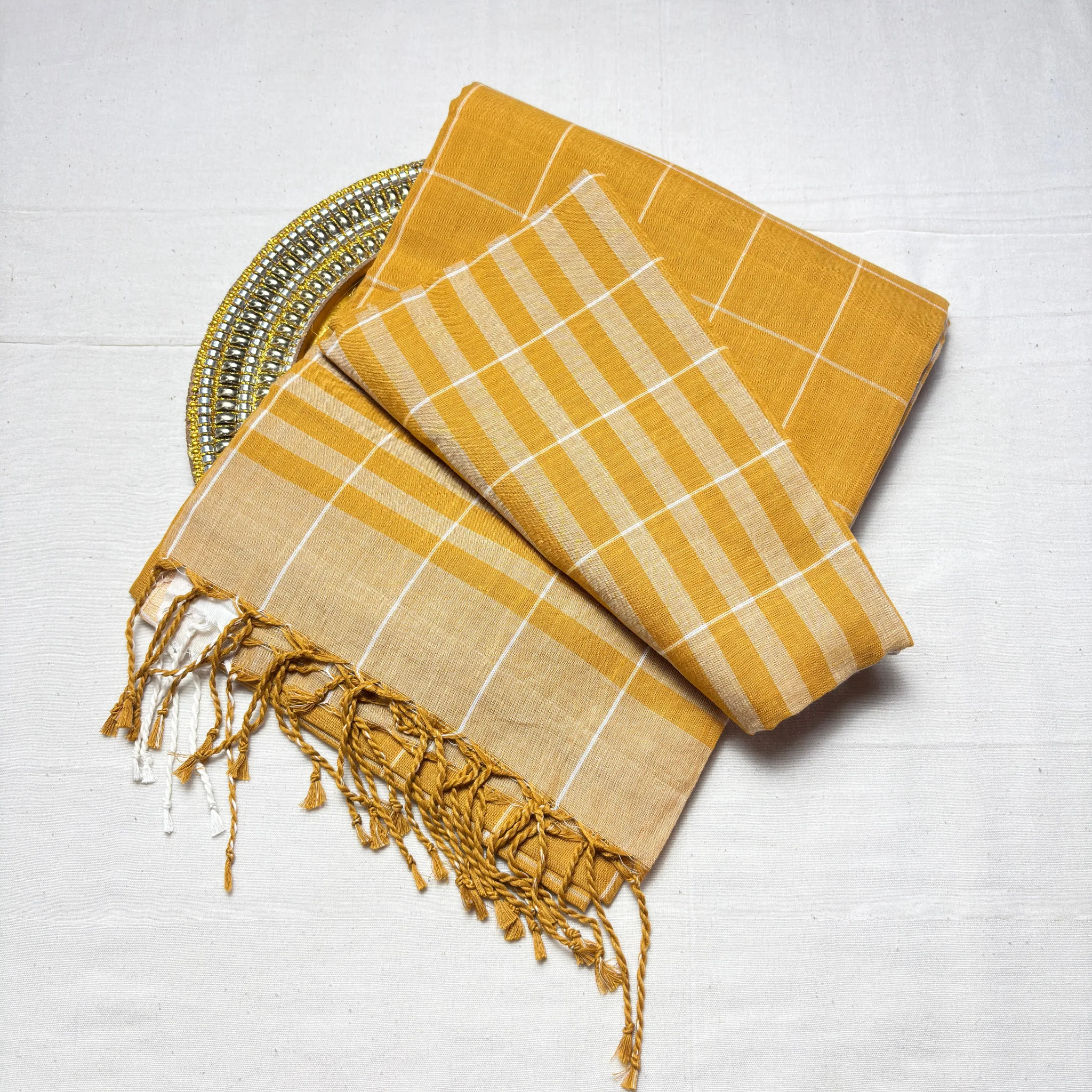 Khadi Monochrome Check Handloom Saree — Mustard - Image 6