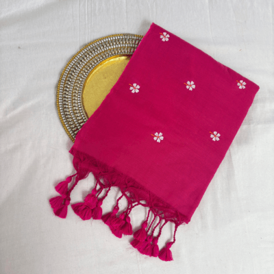 Khadi Harsingar Embroidered Saree — Rani Pink - Image 5