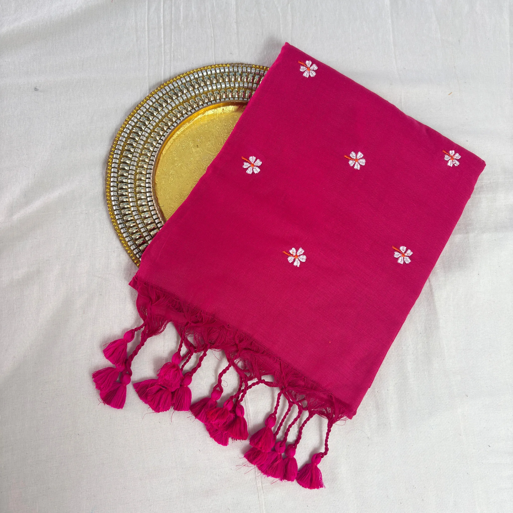 Khadi Harsingar Embroidered Saree — Rani Pink - Image 5