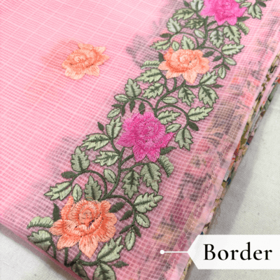 Kota Doria Rose Embroidered Saree — Baby Pink - Image 4