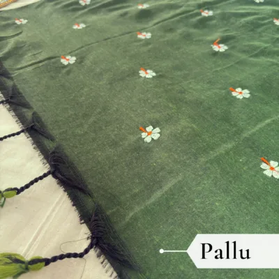 Alternative view of Khadi Harsingar Embroidered Saree — Bottle Green