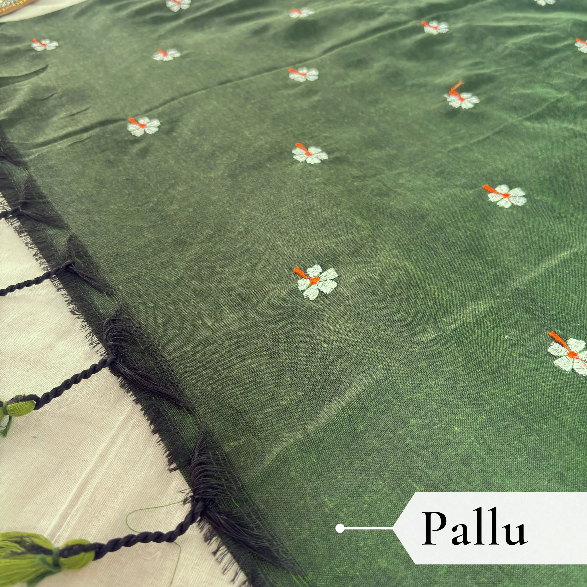Khadi Harsingar Embroidered Saree — Bottle Green - Image 2
