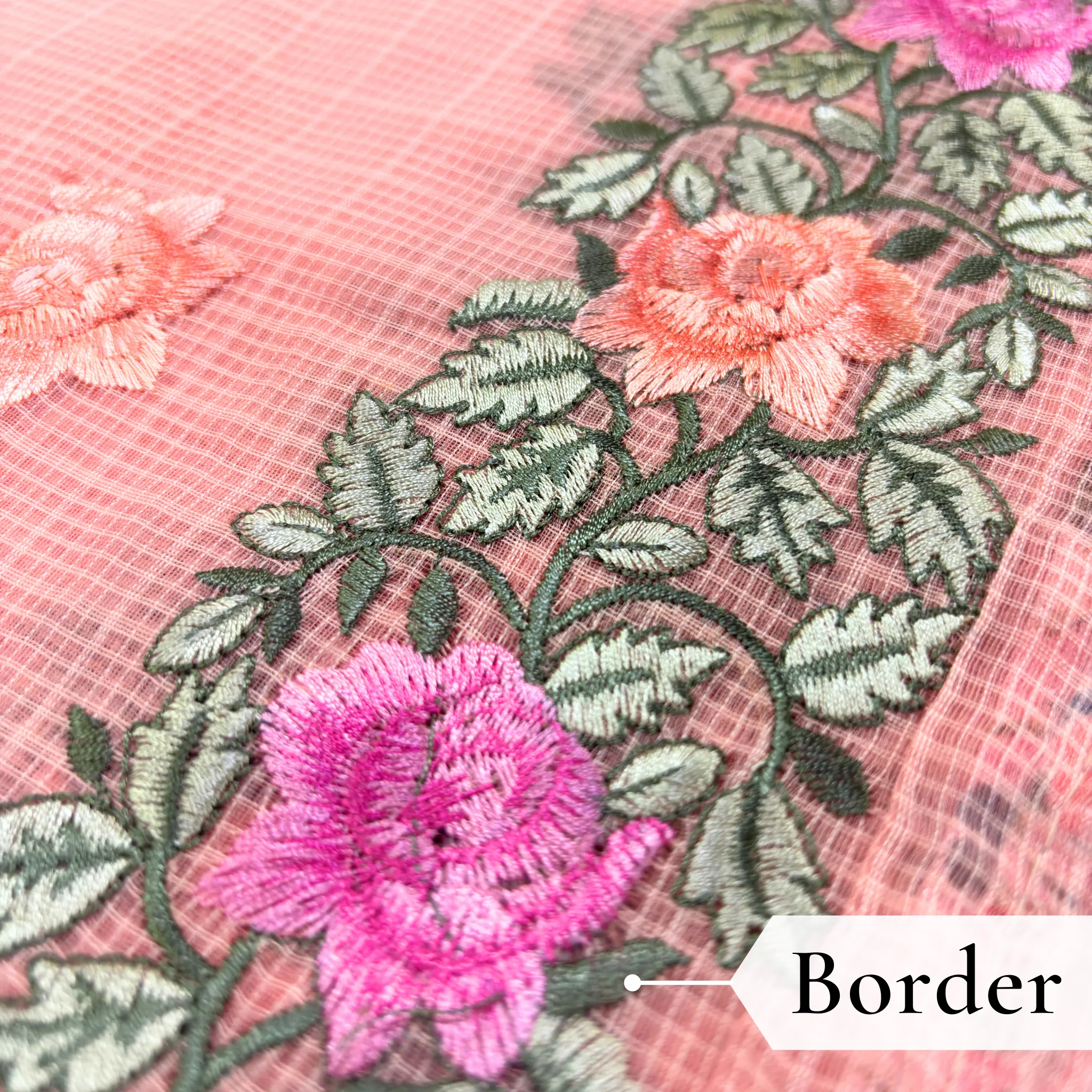Kota Doria Rose Embroidered Saree — Peach - Image 4
