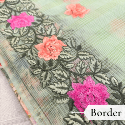 Kota Doria Rose Embroidered Saree — Mint Green - Image 4