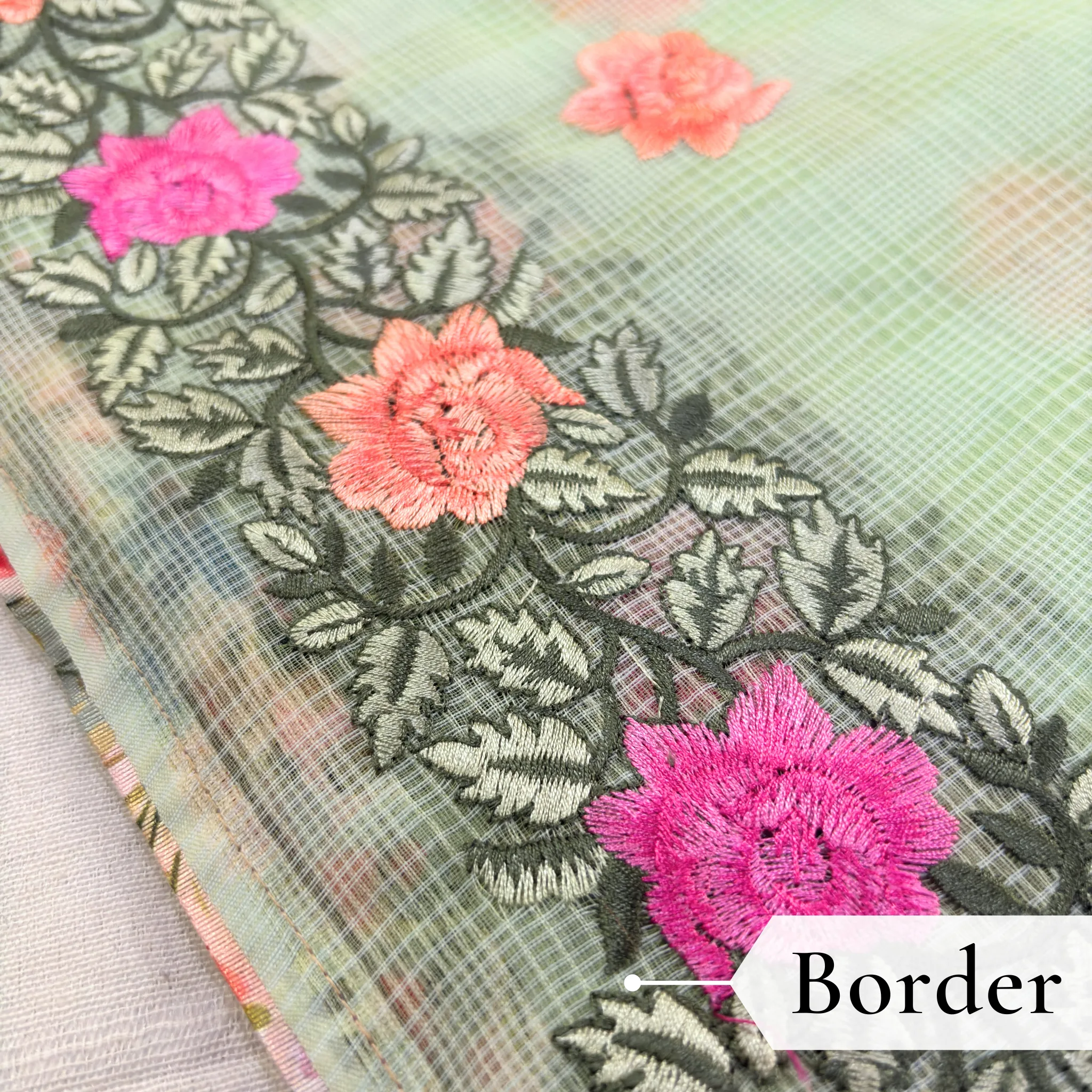 Kota Doria Rose Embroidered Saree — Mint Green - Image 4