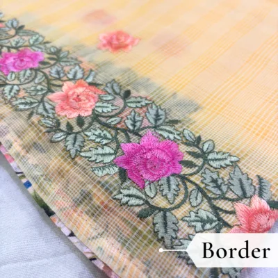 Kota Doria Rose Embroidered Saree — Yellow - Image 4