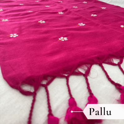 Alternative view of Khadi Harsingar Embroidered Saree — Rani Pink