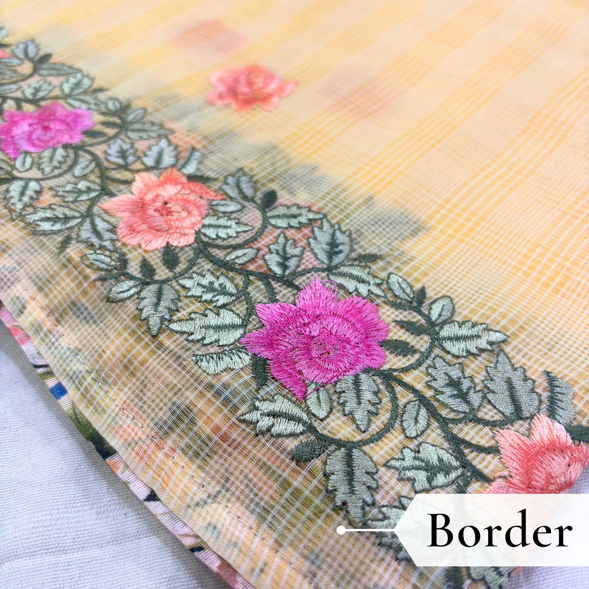 Kota Doria Rose Embroidered Saree — Yellow - Image 4