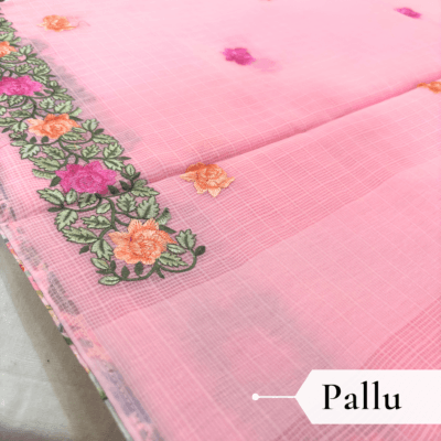 Kota Doria Rose Embroidered Saree — Baby Pink - Image 5