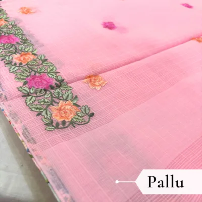 Kota Doria Rose Embroidered Saree — Baby Pink - Image 5