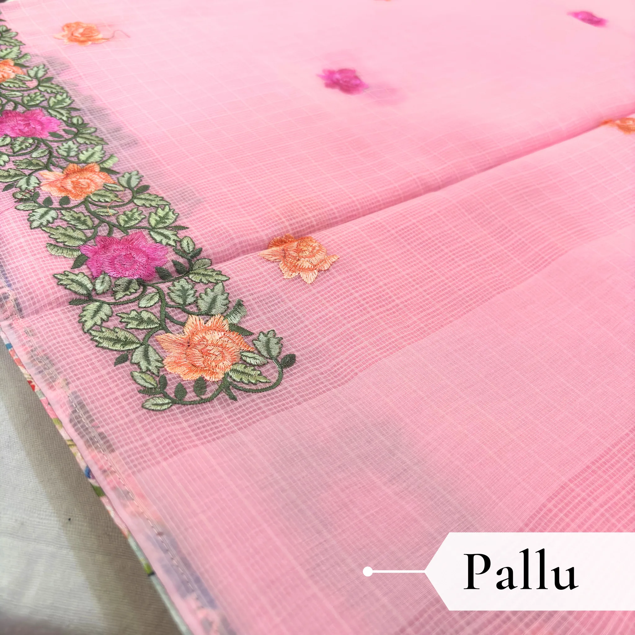 Kota Doria Rose Embroidered Saree — Baby Pink - Image 5