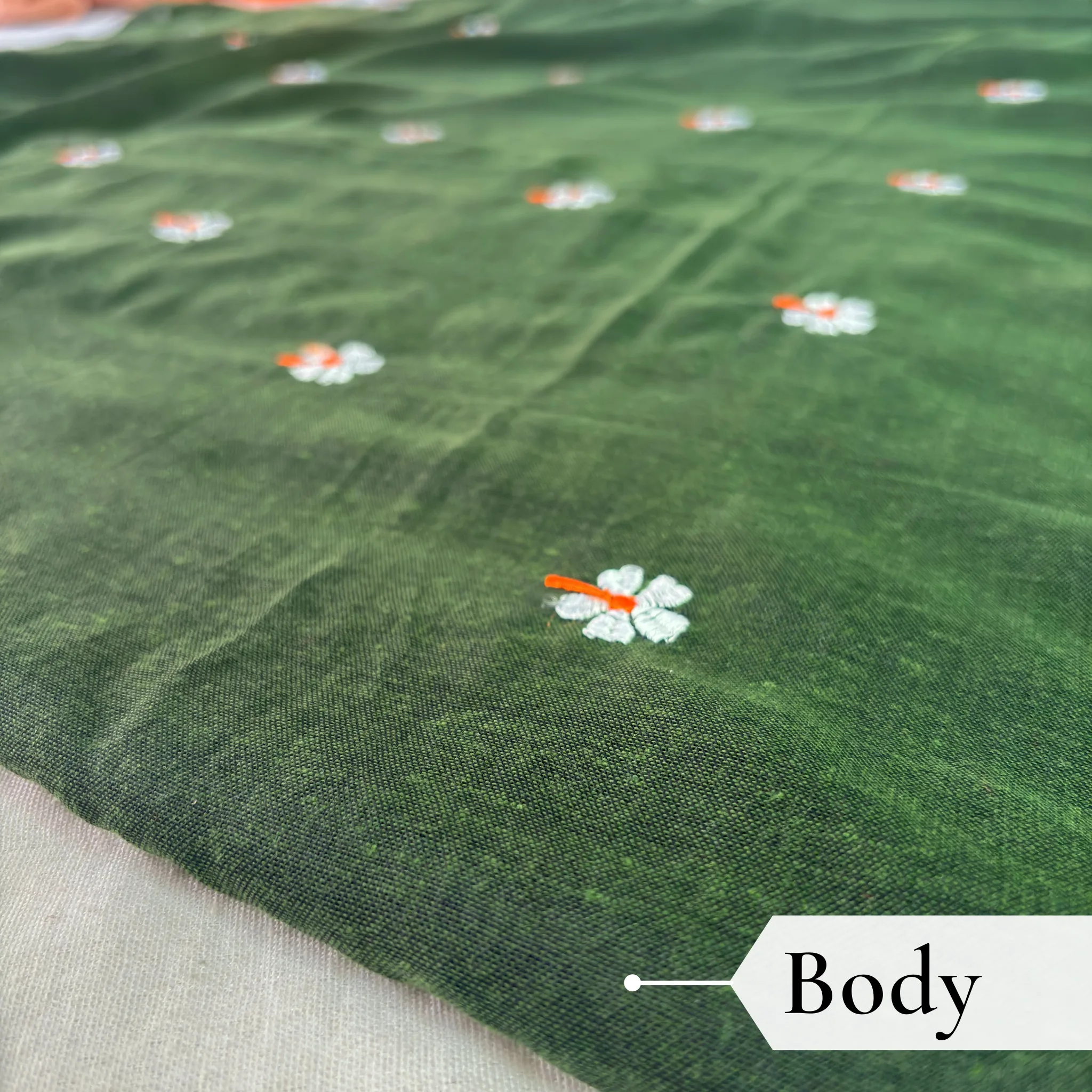 Khadi Harsingar Embroidered Saree — Bottle Green - Image 3