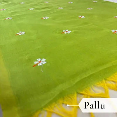 Khadi Harsingar Embroidered Saree — Lime Green - Image 2