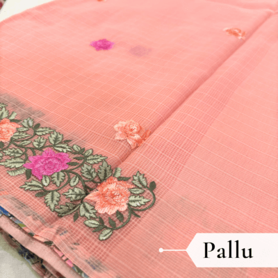 Kota Doria Rose Embroidered Saree — Peach - Image 5