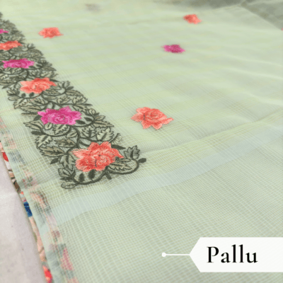 Kota Doria Rose Embroidered Saree — Mint Green - Image 5