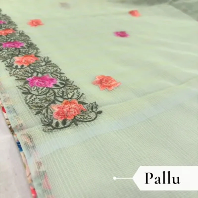 Kota Doria Rose Embroidered Saree — Mint Green - Image 5