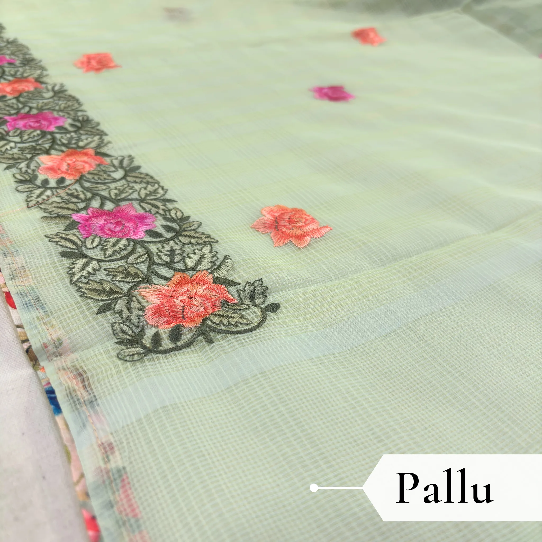 Kota Doria Rose Embroidered Saree — Mint Green - Image 5