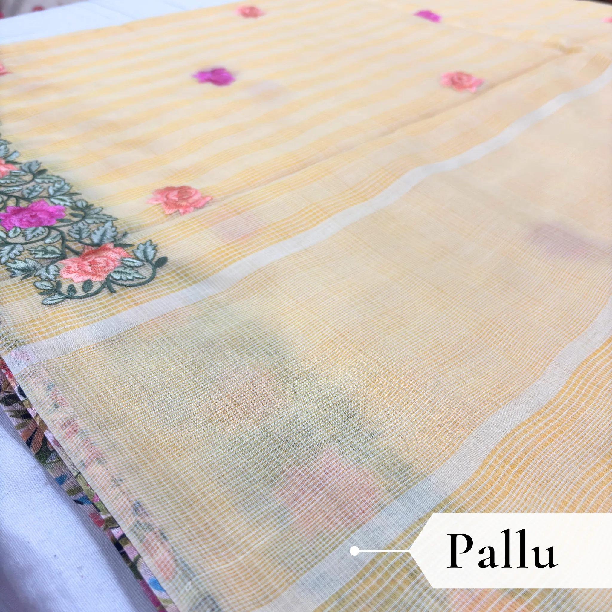 Kota Doria Rose Embroidered Saree — Yellow - Image 5