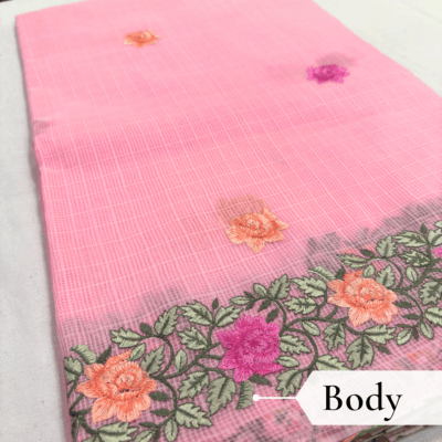 Kota Doria Rose Embroidered Saree — Baby Pink - Image 3
