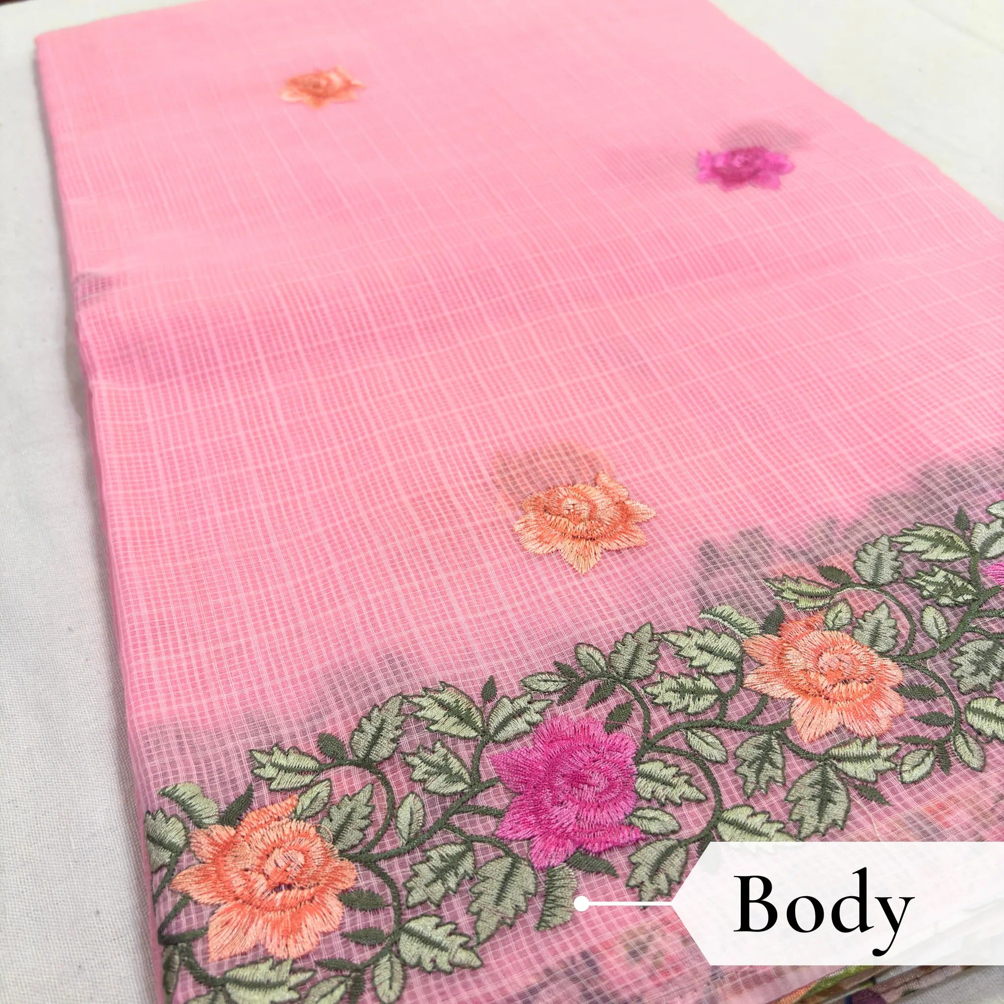 Kota Doria Rose Embroidered Saree — Baby Pink - Image 3