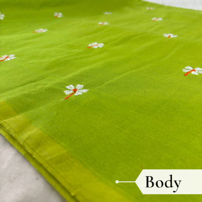 Khadi Harsingar Embroidered Saree — Lime Green - Image 3