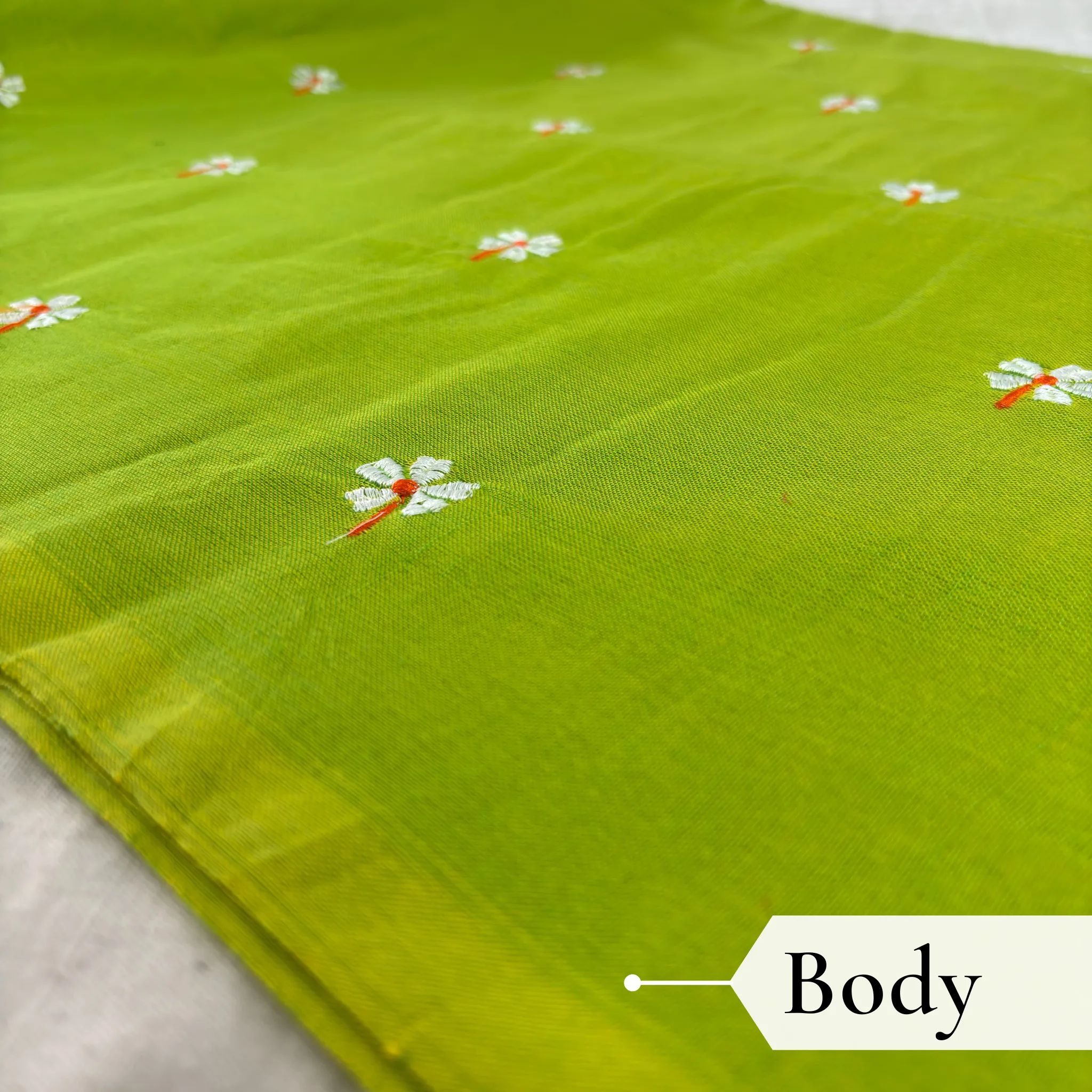 Khadi Harsingar Embroidered Saree — Lime Green - Image 3