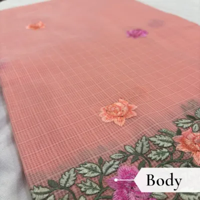 Kota Doria Rose Embroidered Saree — Peach - Image 3
