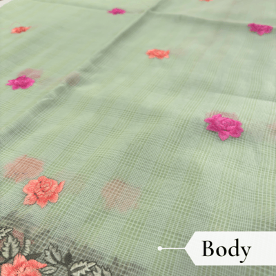 Kota Doria Rose Embroidered Saree — Mint Green - Image 3