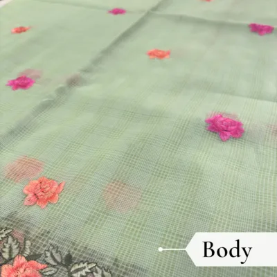 Kota Doria Rose Embroidered Saree — Mint Green - Image 3