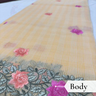 Kota Doria Rose Embroidered Saree — Yellow - Image 3