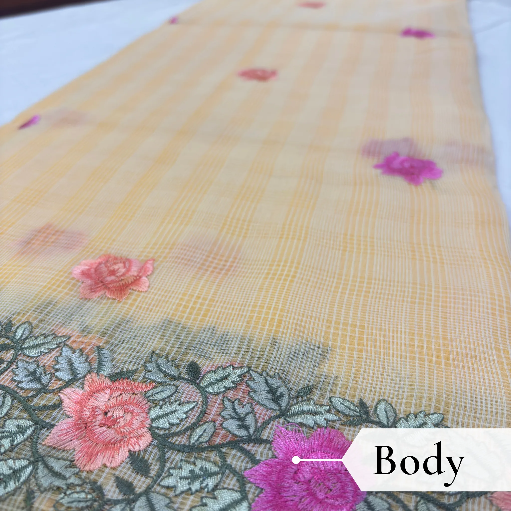Kota Doria Rose Embroidered Saree — Yellow - Image 3