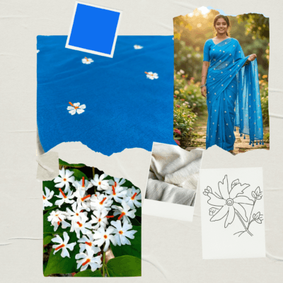 Khadi Harsingar Embroidered Saree — Sky Blue - Image 6