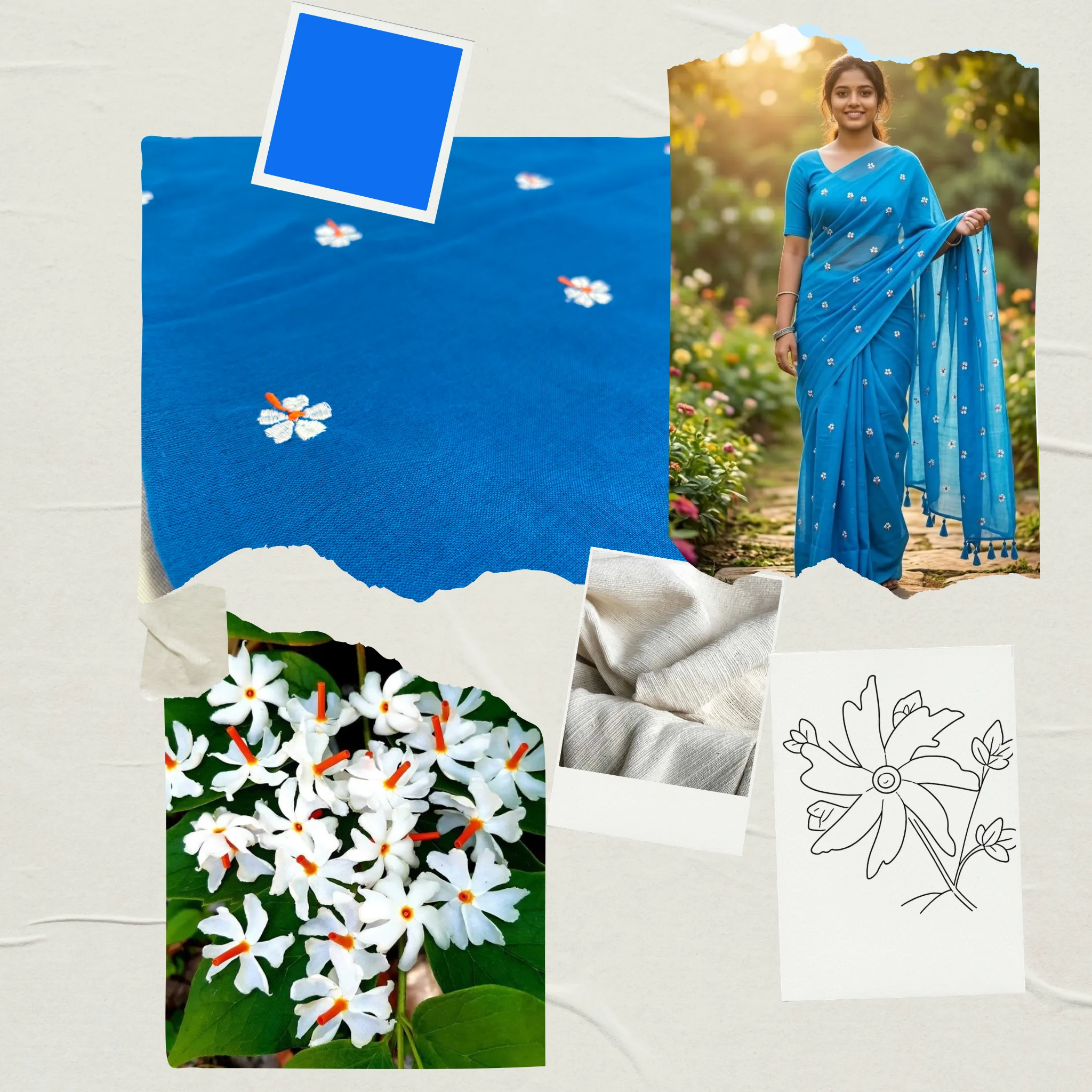 Khadi Harsingar Embroidered Saree — Sky Blue - Image 6