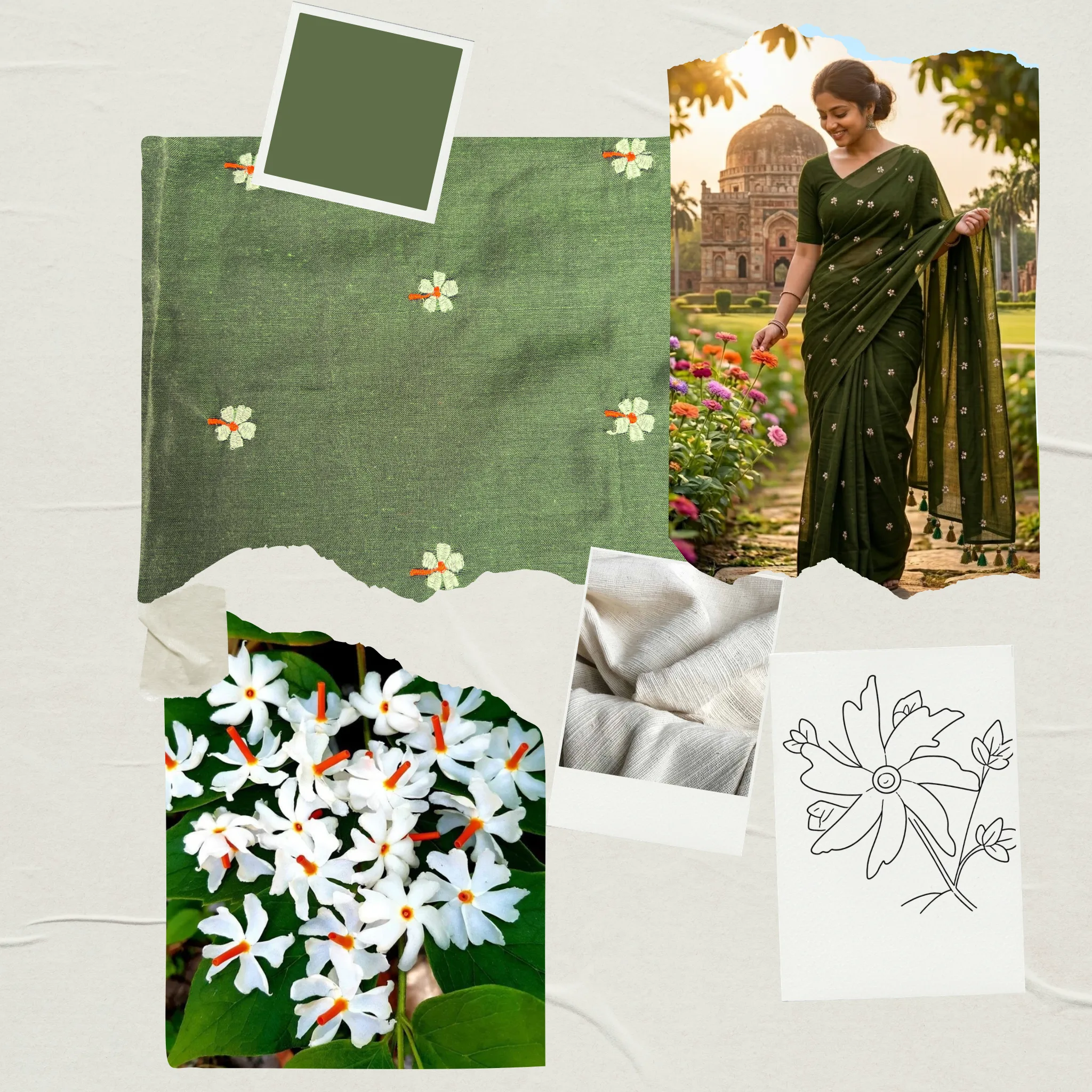 Khadi Harsingar Embroidered Saree — Bottle Green - Image 6