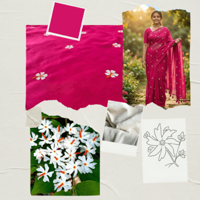Khadi Harsingar Embroidered Saree — Rani Pink - Image 6