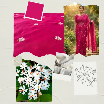 Khadi Harsingar Embroidered Saree — Rani Pink - Image 6