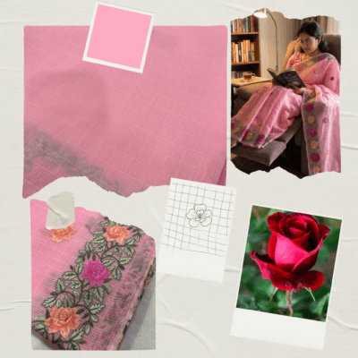 Kota Doria Rose Embroidered Saree — Baby Pink - Image 7