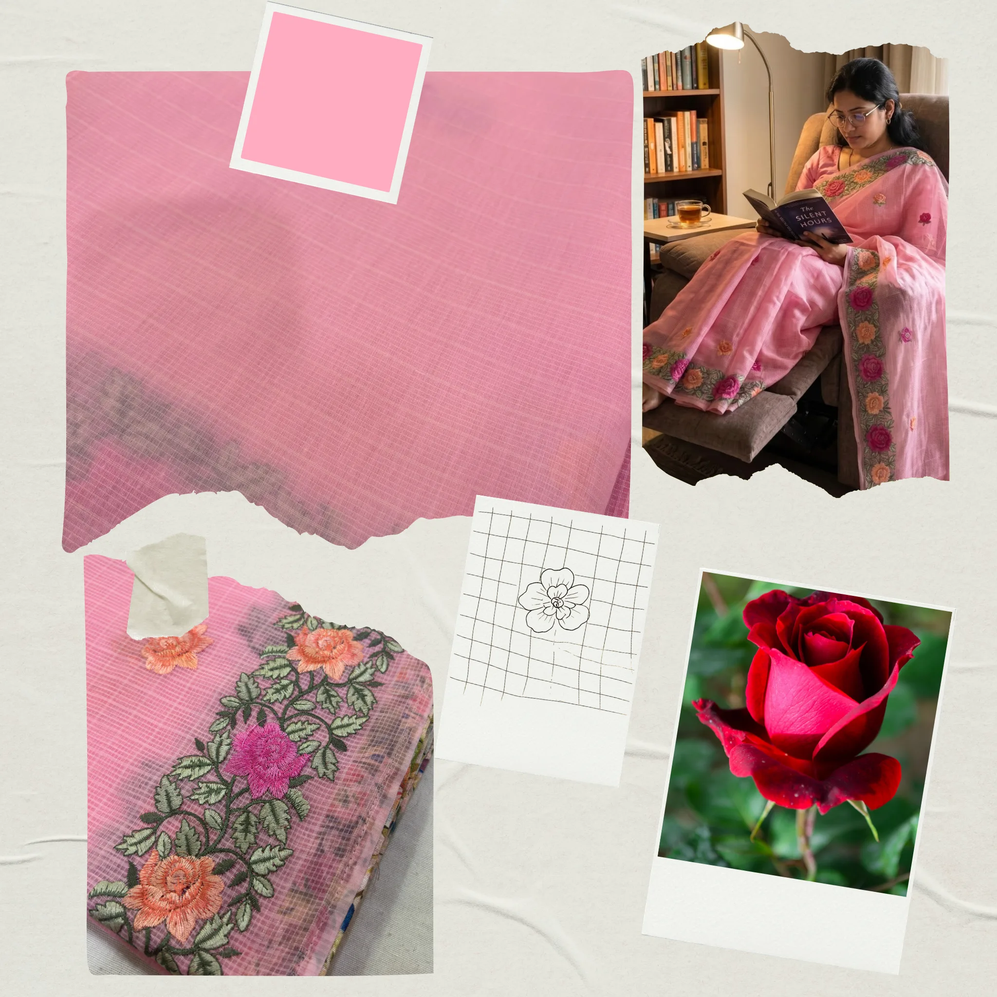 Kota Doria Rose Embroidered Saree — Baby Pink - Image 7