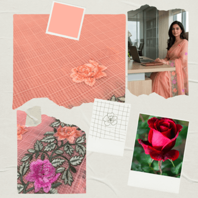Kota Doria Rose Embroidered Saree — Peach - Image 7
