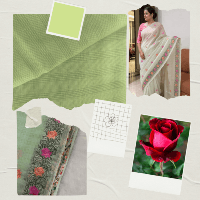 Kota Doria Rose Embroidered Saree — Mint Green - Image 7