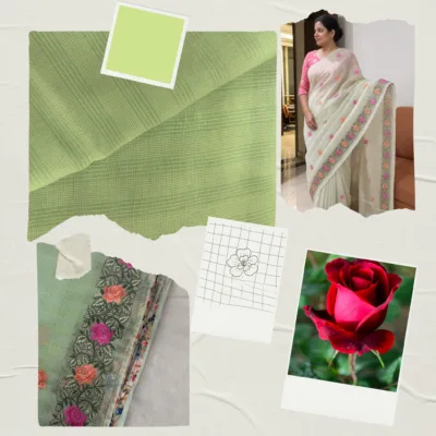 Kota Doria Rose Embroidered Saree — Mint Green - Image 7