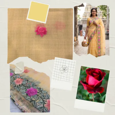 Kota Doria Rose Embroidered Saree — Yellow - Image 7