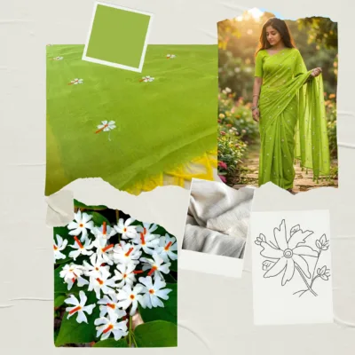 Khadi Harsingar Embroidered Saree — Lime Green - Image 7