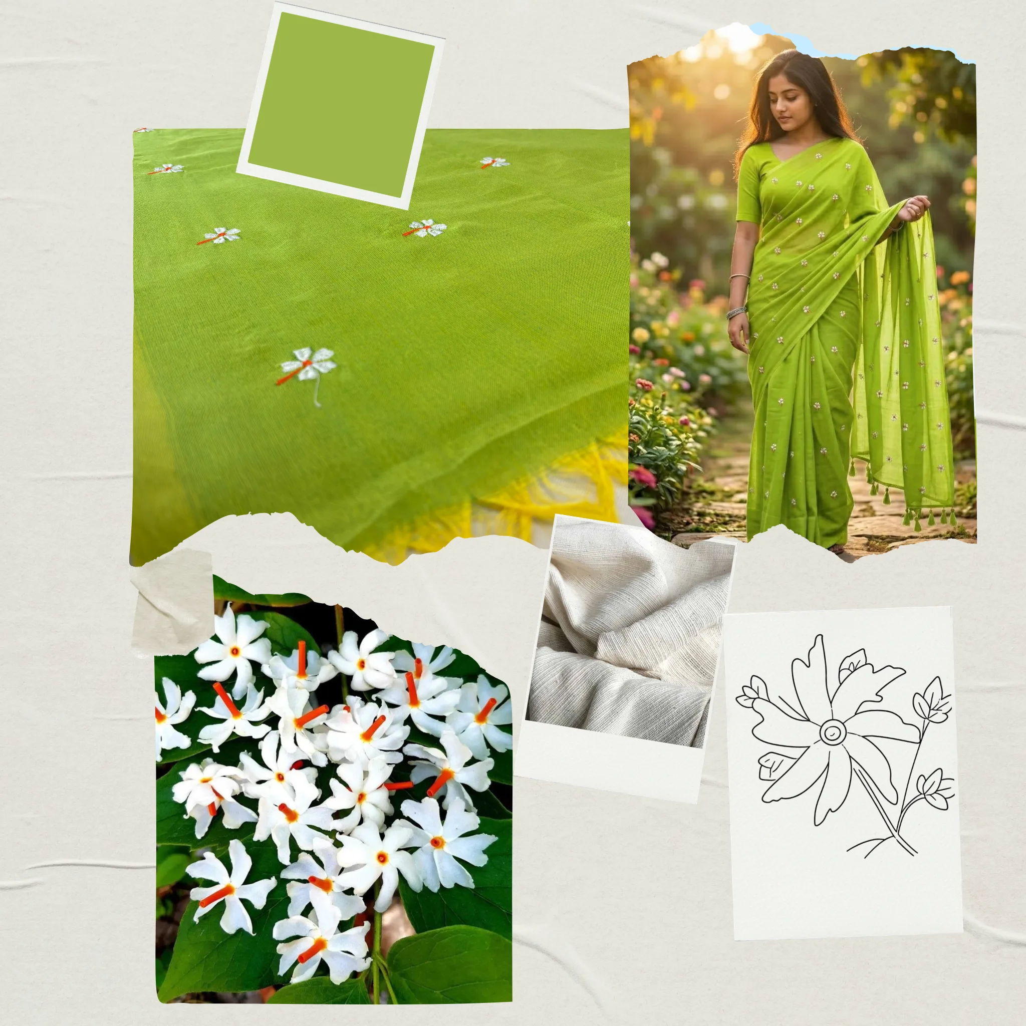 Khadi Harsingar Embroidered Saree — Lime Green - Image 7