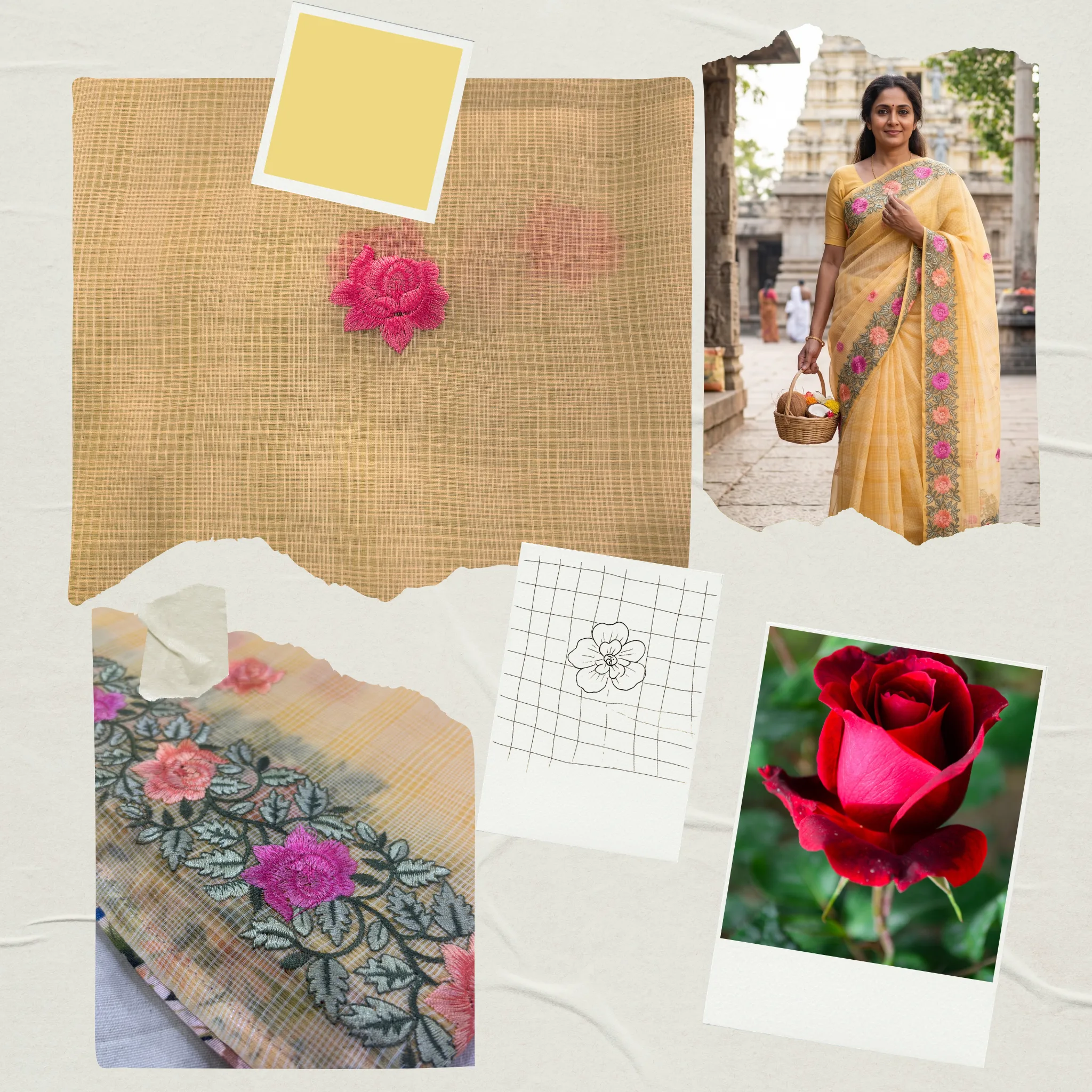 Kota Doria Rose Embroidered Saree — Yellow - Image 7