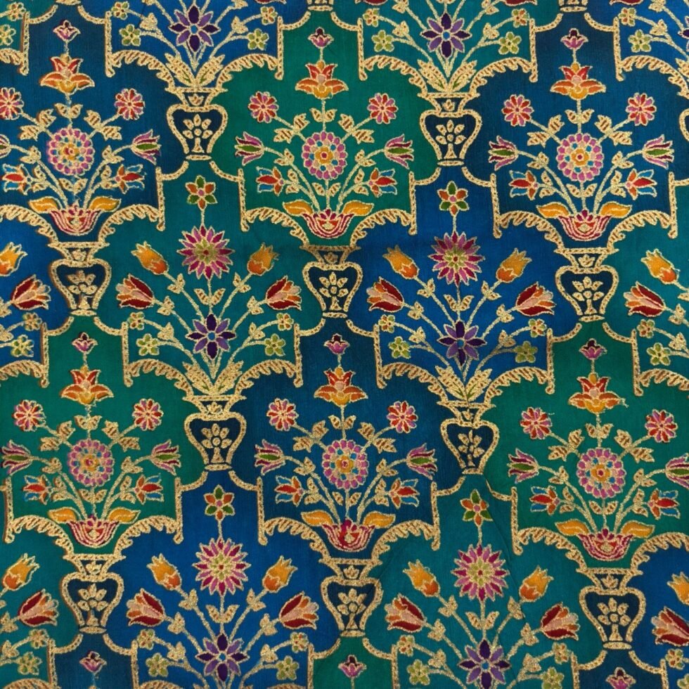Viscose Banna-Banni Print Saree — Rama Green & Peacock Blue, view 7