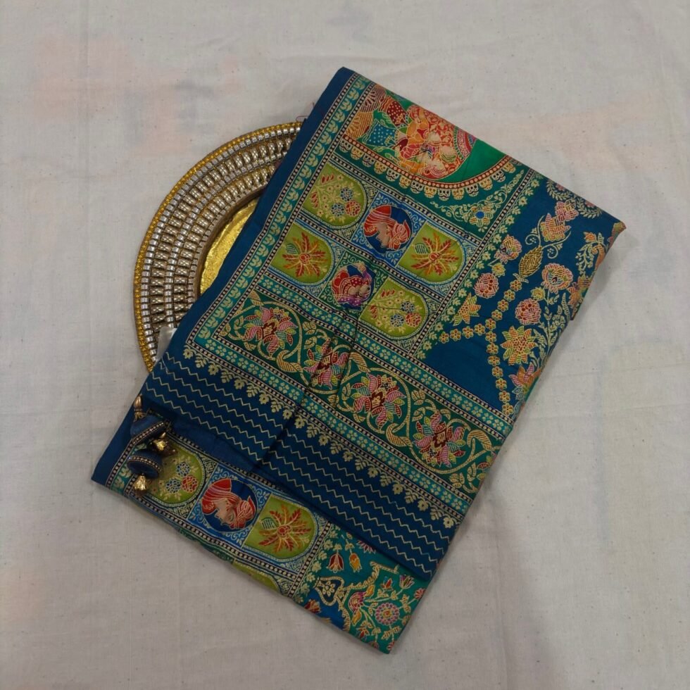 Viscose Banna-Banni Print Saree — Rama Green & Peacock Blue, view 2