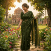Khadi Harsingar Embroidered Saree — Bottle Green
