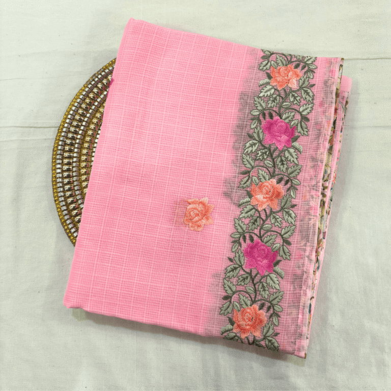Kota Doria Rose Embroidered Saree — Baby Pink