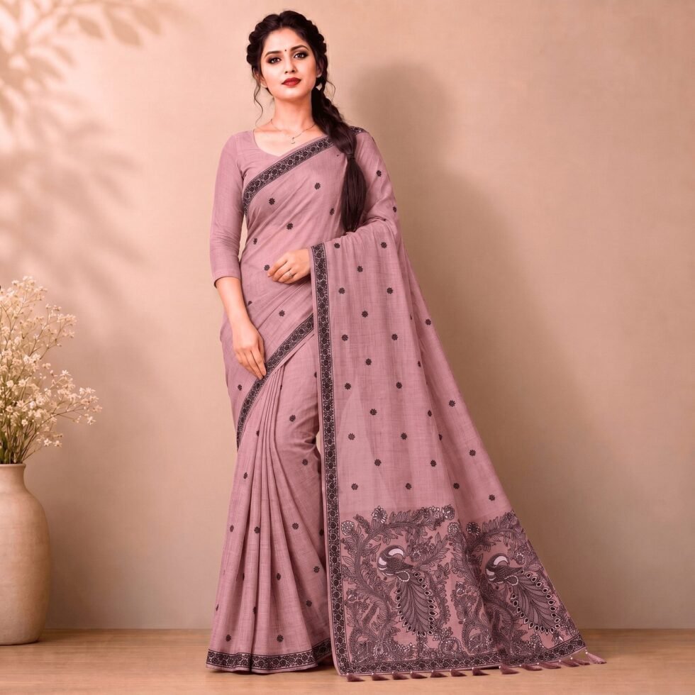 Cotton Kalamkari Woven Saree — Pink